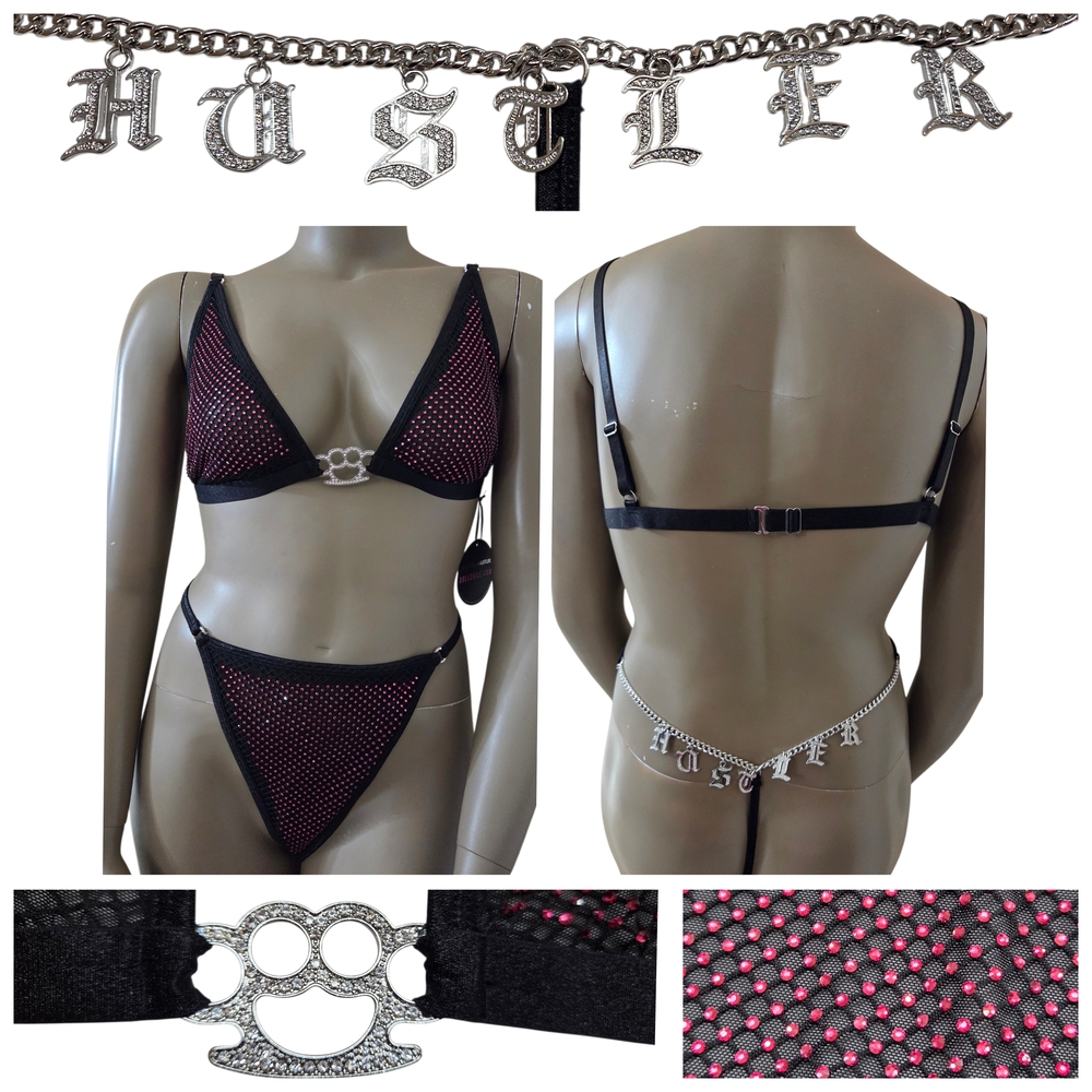 HUSTLER Lingerie Set Rhinestone Knucks Bikini Charm Back Thong 3X Black Pink NWT